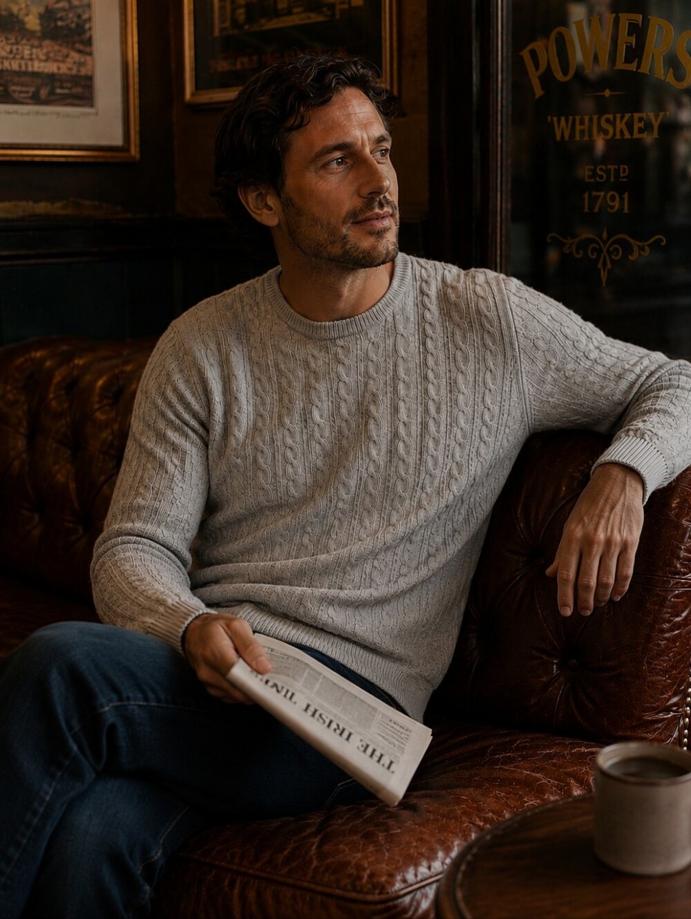 Men's Crewneck Cable Knit 100% Cashmere Sweater Size L